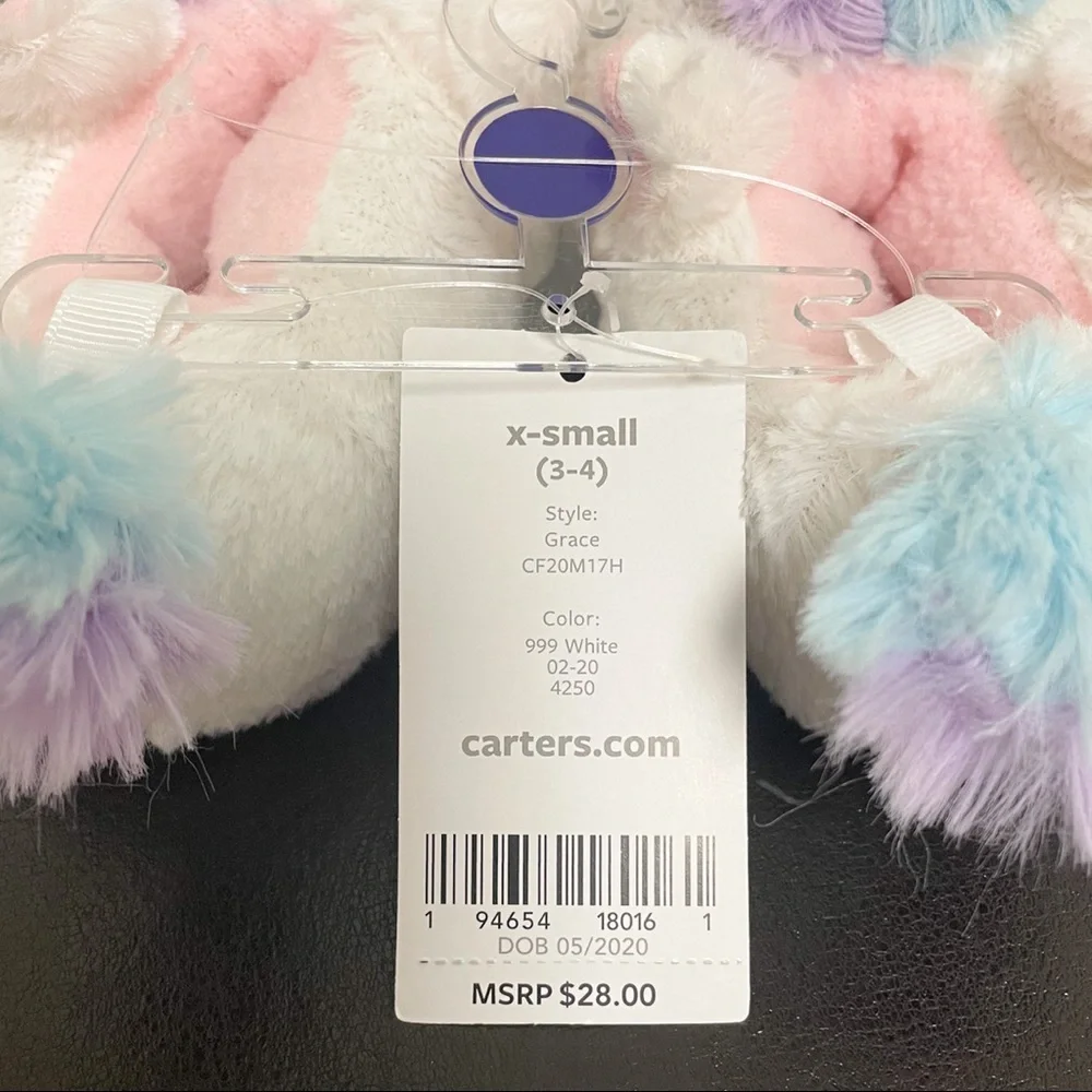 Carters White Pink Faux Fur Grace Unicorn Slippers NWT XS Toddler Girls 3/4 3 4